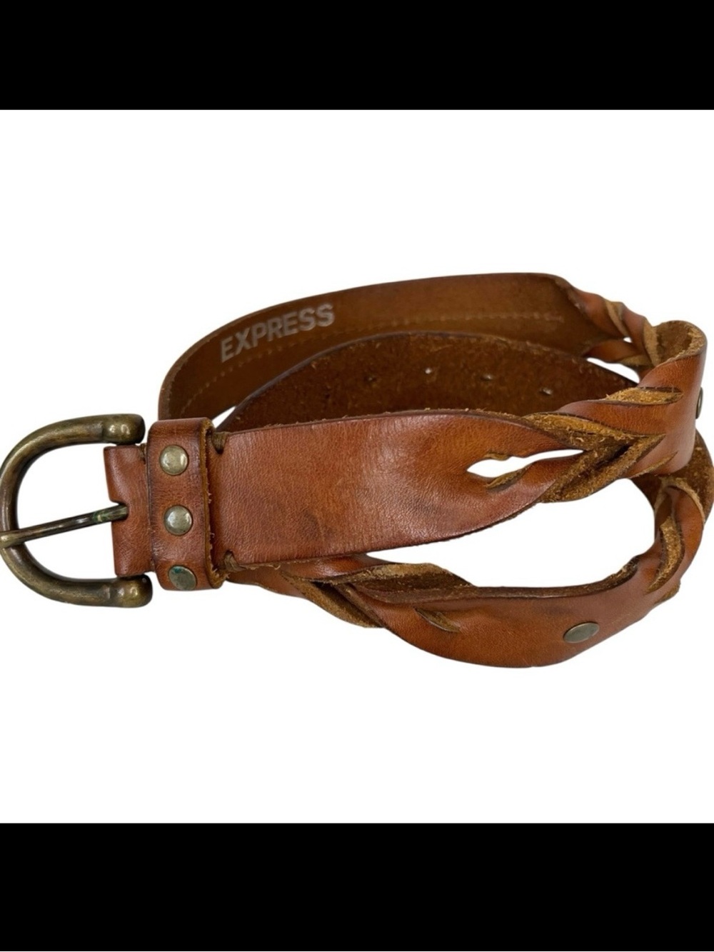 Vintage Express Brown Leather Belt Brass Buckle Mens Sz M Twisted